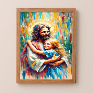 Jezus met meisje, vreugde jezus meisje, Jezus knuffelend meisje, Jezus schilderij met kinderen kunst, Jezus aquarel, Jezus schilderij, Jezus redt