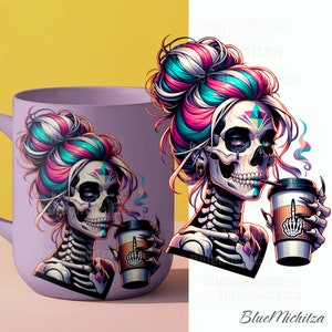 Calavera de mamá con moño desordenado PNG, Compra un gráfico de calavera con estética punk: esqueleto vibrante y vanguardista para amantes del café, calavera femenina, DTF para tazas de café y vasos.