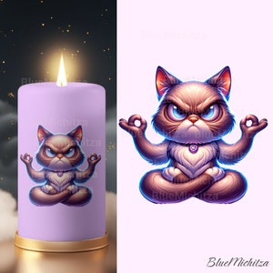 Chat de dessin animé haute résolution PNG pour sublimation, graphismes imprimables, tasses, projets de bricolage, collier violet, minou, félin grincheux, dtf, chat en colère