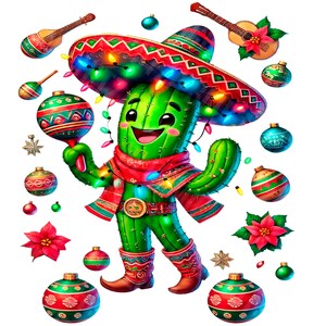 Diseños navideños PNG, Cactus navideño mexicano festivo PNG Clipart para transferencia, diseños de sublimación, DTF, png mexicano, Dibujos animados navideños