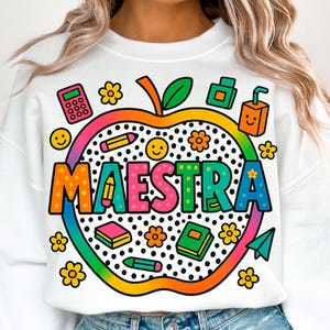 Professora de espanhol com lápis arco-íris colorido PNG, Ensine amor e inspire PNG, Professora de agradecimento PNG, Lantejoulas falsas, Professora brilhante PNG, Camiseta Maestra