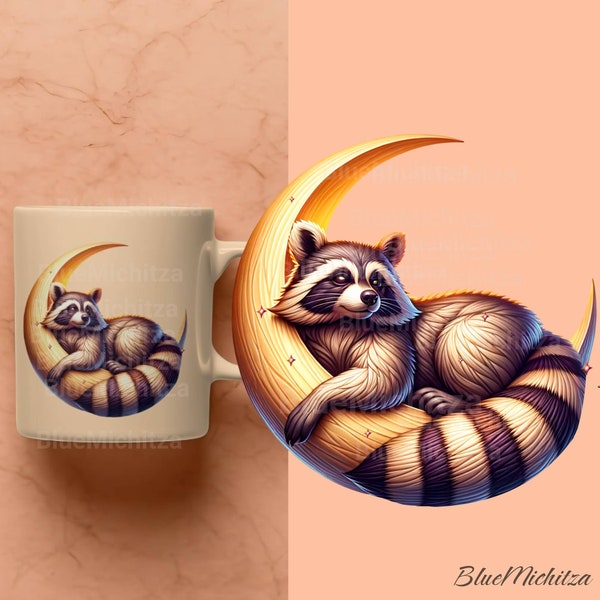 Whimsical Raccoon on Crescent Moon PNG for Sublimation, DTG, Mugs, Printable Graphics, nocturnal wildlife, bedtime story, celestial mapache