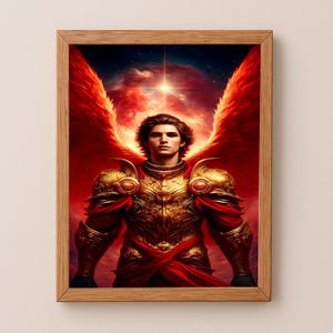 Puede incluir: Una pintura de un ángel con armadura dorada y alas rojas. El ángel está de pie frente a una nebulosa roja y naranja con una estrella brillante en el centro.