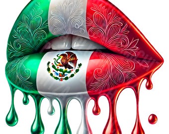 Op de afbeelding: Een paar rode, witte en groene lippen die druipen van verf, die lijken op de Mexicaanse vlag. De lippen zijn versierd met witte bloemmotieven.