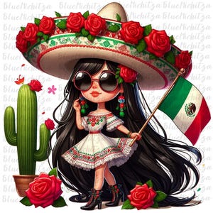 Chibi Mexican Girl PNG Cinco de Mayo Sublimation Fiesta Latina Clipart Traditional Mexican Flag Digital Download Cute Hispanic Doll chibi