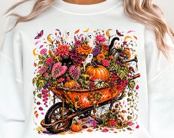 Floral Spooky Garden Wheelbarrow PNG, Whimsigoth Halloween Sublimation, Black Cat Ghost Pumpkin Fall Flowers Cottagecore Witchy Shirt Design