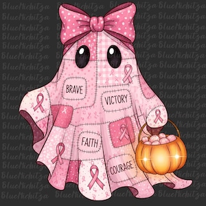 Op de afbeelding: Illustratie van een roze spook met een grote strik, die een pompoenmand vasthoudt. Het spook is versierd met roze linten en patches met woorden als "BRAVE" en "VICTORY". Het algemene thema is borstkankerbewustzijn.