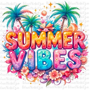 Op de afbeelding: Een levendige digitale illustratie met de woorden "SUMMER VIBES" in kleurrijke letters. Palmbomen, bloemen, schelpen en sterren omringen de tekst en cre&euml;ren een tropisch en vrolijk ontwerp. Het kleurenpalet omvat roze, oranje, blauw en groen.