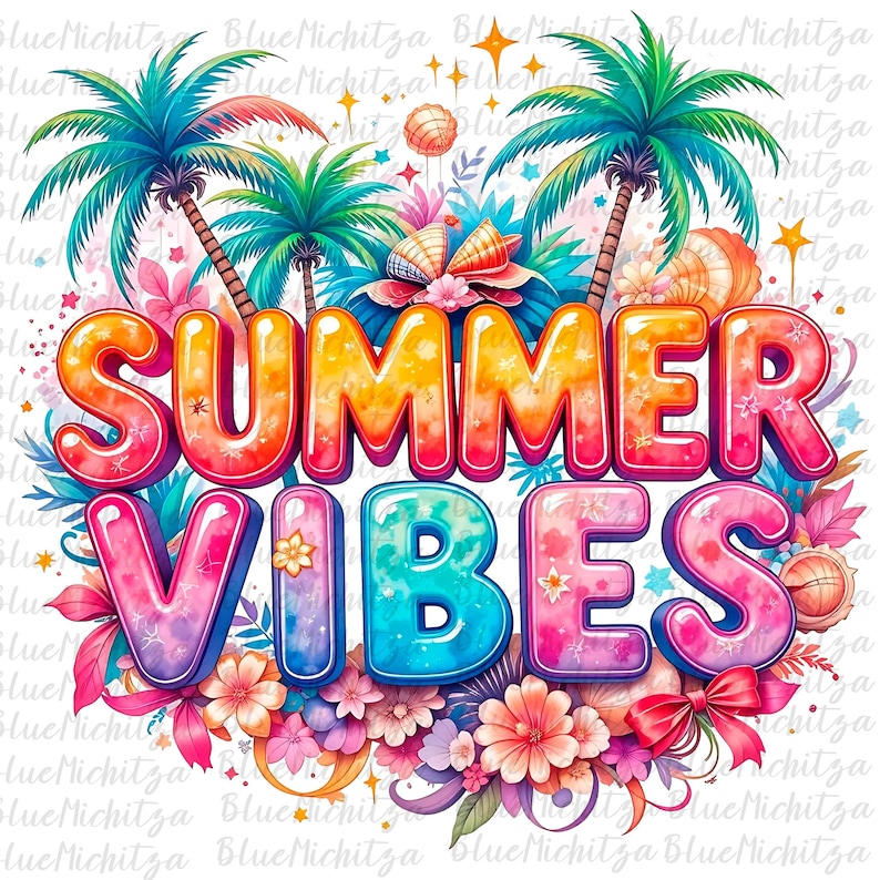 Op de afbeelding: Een levendige digitale illustratie met de woorden "SUMMER VIBES" in kleurrijke letters. Palmbomen, bloemen, schelpen en sterren omringen de tekst en cre&euml;ren een tropisch en vrolijk ontwerp. Het kleurenpalet omvat roze, oranje, blauw en groen.