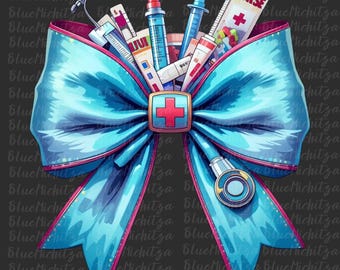 Nurse Doctor Bow PNG Stethoscope Nursing Machine Embroidery Design Coquette Water Color Clip Art Printable Waterslide Dtf Sublimation Design