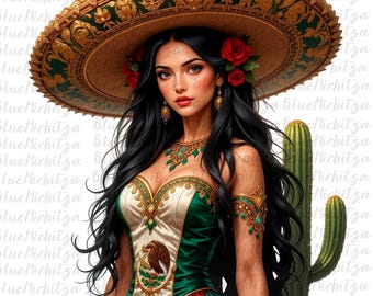Clipartset van een Mexicaans meisje, Mexicaanse danseres voor Cinco de Mayo, ontwerp van een Mexicaans meisje, Mexicaans festival, Azteeks meisje, sublimatieontwerpen