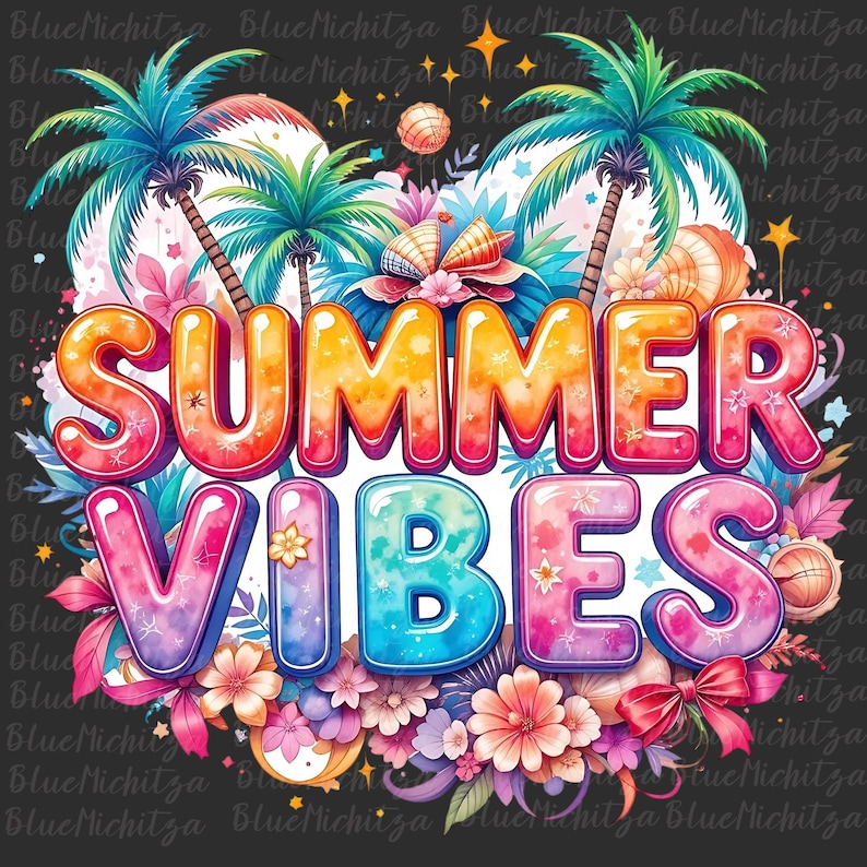 Op de afbeelding: Een kleurrijke afbeelding met de tekst "SUMMER VIBES" in bubbelletters, omringd door palmbomen, bloemen, schelpen en een basketbal. Het ontwerp heeft een tropisch zomerthema tegen een donkere achtergrond.