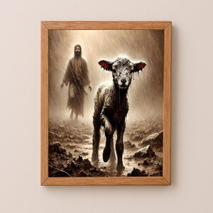 Lost Lamb Art DIGITAL Download File, Jesus Running After a Lost Lamb, Jesus Lamb of God, jesus run after lamb, jesus lamb printable art