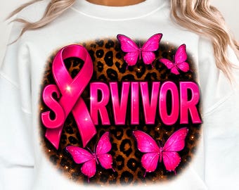 May include: White sweatshirt featuring a pink ribbon and the word "SURVIVOR" in pink block letters. The design includes a leopard print background and several bright pink butterflies, creating a bold and supportive statement.