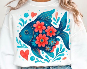 Boho bloemen vis png nautische sublimatie ontwerpen visser esthetische png strand png, instant digitale download vis bloemen png bloemen vis