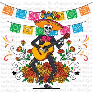 May include: An illustration depicting a skeleton mariachi musician playing a guitar, celebrating the Day of the Dead. The skeleton is dressed in a sombrero, a black suit with gold trim, and a pink bow tie. The image is decorated with flowers and papel picado banners.