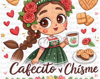 Cafecito y Chisme coffee cups png latina doll sublimation design Mexico png coffee png design halloween dia de muertos sublimate download