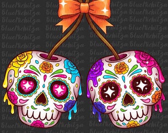 Dripping Horror Skull Cherries PNG Spooky Dia de Muertos Skull Bow Clipart Creepy Cute Halloween Gothic Cherry Sugar Skull Design Coquette