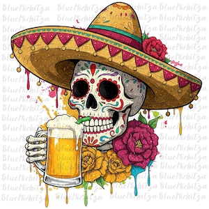 Cinco De Drinko Png, Cinco De Mayo Png Mexikanische FiestaPng Dia de los Muertos Clipart-Zucker Schädel mit Sombrero & Bier Mexikanischer Tag der Toten