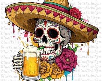 Cinco De Drinko Png, Cinco De Mayo Png Mexican FiestaPng Dia de los Muertos Clipart-Sugar Skull with Sombrero&Beer Mexican Day of the Dead