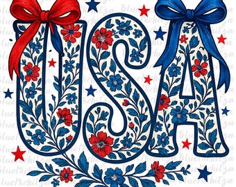 Coquette USA PNG, Floral 4th Of July Png, America Png, Floral USA Coquette Png, Independence Day, America Coquette Bow Png