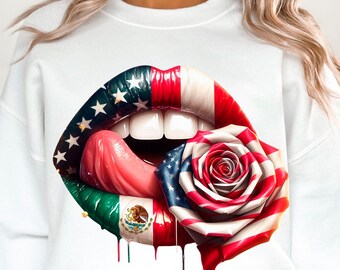 Op de afbeelding: Witte sweatshirt met een afbeelding van lippen geschilderd met de Amerikaanse en Mexicaanse vlaggen, met een roos in het midden die ook is ontworpen met de Amerikaanse vlag. De tong is rood en de lippen hebben witte tanden. Het ontwerp heeft druipende verf.