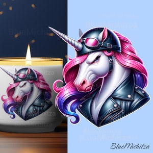 Clipart di unicorno ribelle per sublimazione, stampa DTG, PNG di creature fantasy punk rock per Cricut, per magliette, DTF, animale motociclista, arte elegante