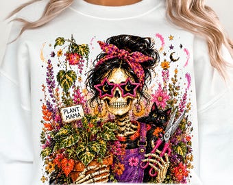 Skeleton Mom PNG, Messy Bun Skeleton Sublimation, Plant Lady Halloween Shirt Design, Boho Floral Skeleton Black Cat Png Download