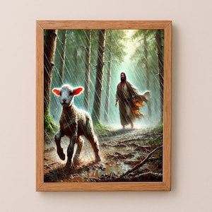 Lost Lamb Oil Painting Print | Jesus Running with Lost Lamb | Jesus Lamb of God | Jesus and Lamb No Words | Lost Sheep with Jesus