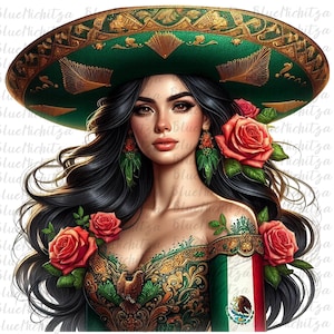 Mexican-American Pride cinco de mayo PNG aztec Latina Woman Red Roses Mexicana Patria Patriotic Mexican Flag USA Digital Download Printable