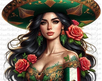 Mexicaans-Amerikaanse trots Cinco de Mayo PNG Azteekse Latina vrouw Rode rozen Mexicana Patria Patriottische Mexicaanse vlag VS Digitale download Printbaar
