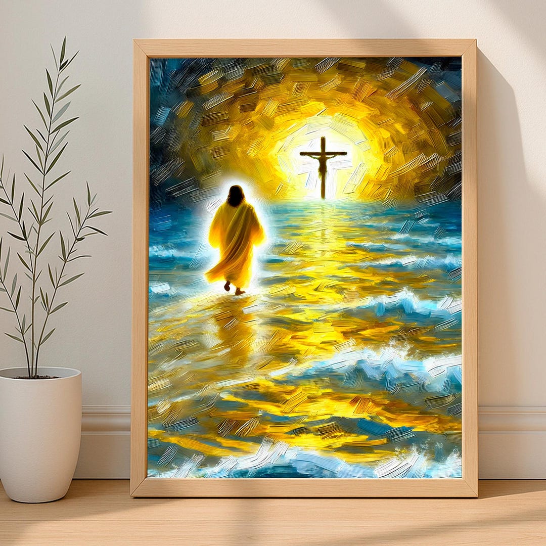 Jesus Walks on Water Oil Painting Brushtrokes Gold Style Jesus Walking ...