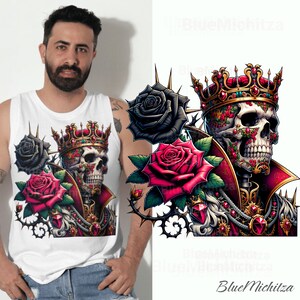 King Skull PNG, Ornate Crowned Clipart and Roses Art - Gothic Royal Decor PNG, Jewel-Adorned Skull for Tattoo and Digital Art Enthusiasts