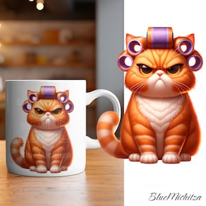 Orange cat PNG, Funny Tabby Cat with Hair Rollers PNG for Sublimation, DTG & T-Shirt Designs, Pet grooming humor art, Cat salon caricature