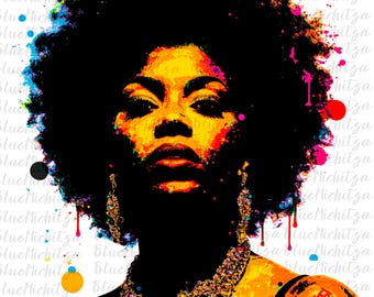 May include: A colorful digital illustration of a woman with an afro hairstyle. The woman is wearing a necklace and earrings. The background is a white canvas with splashes of color.