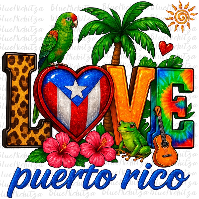 Love Puerto Rico Gold Glitter Png Sublimation Design Caribbean Summer