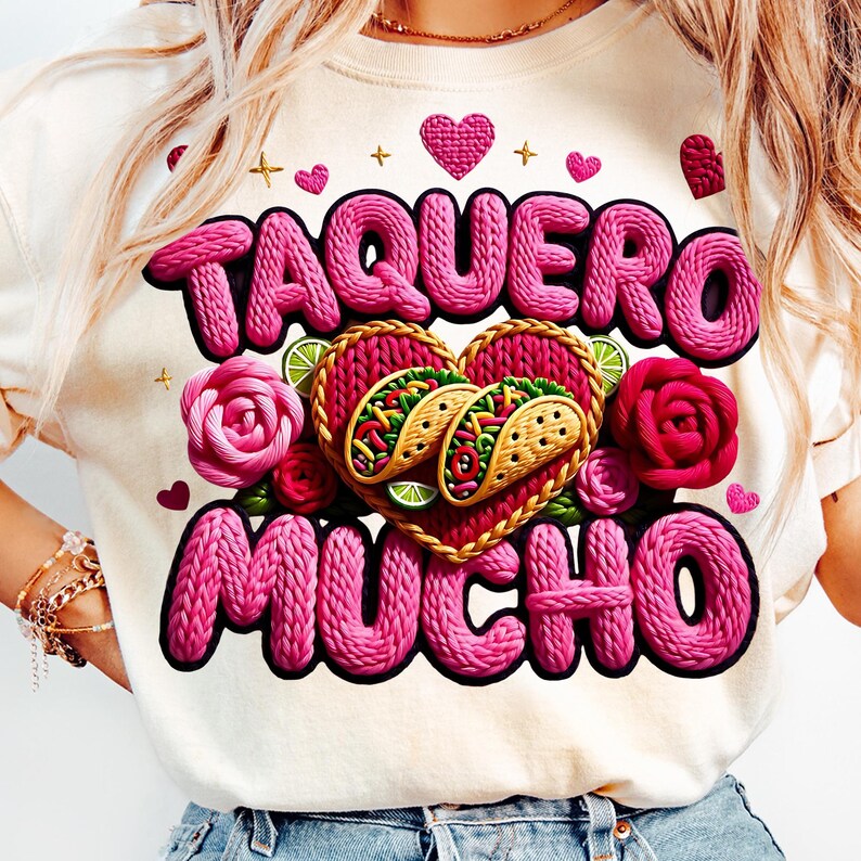 Puede incluir: Camiseta color crema con las palabras "TAQUERO MUCHO" en letras rosas texturizadas. El dise&ntilde;o incluye corazones rosas, rosas y dos tacos dentro de un dise&ntilde;o tejido en forma de coraz&oacute;n. Tambi&eacute;n se incluyen rodajas de lima.