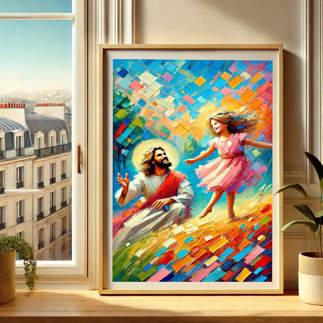 Jesus Plays With Girl Art,jesus Wallart, Jesus Playing With Kids, Girl