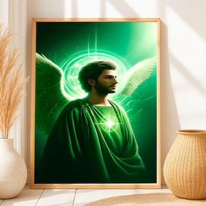 Archangel Raphael Wall Art – Divine Healing Angel Print for Spiritual and Religious Home Decor, Healer Archangel, Green Aura, Divine Healing