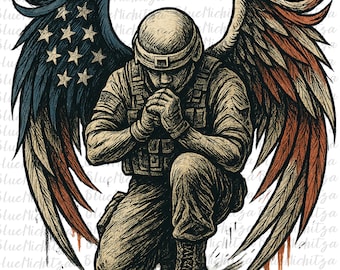 May include: A soldier kneeling in prayer with American flag wings behind them. The soldier is wearing a helmet and military uniform. The wings are red, white, and blue.