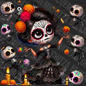 Gothic Doll PNG, mexican doll png, dia de los muertos png, day of the dead clipart, dancing skeletons, cute creepy doll png, baby gothic dol image 2