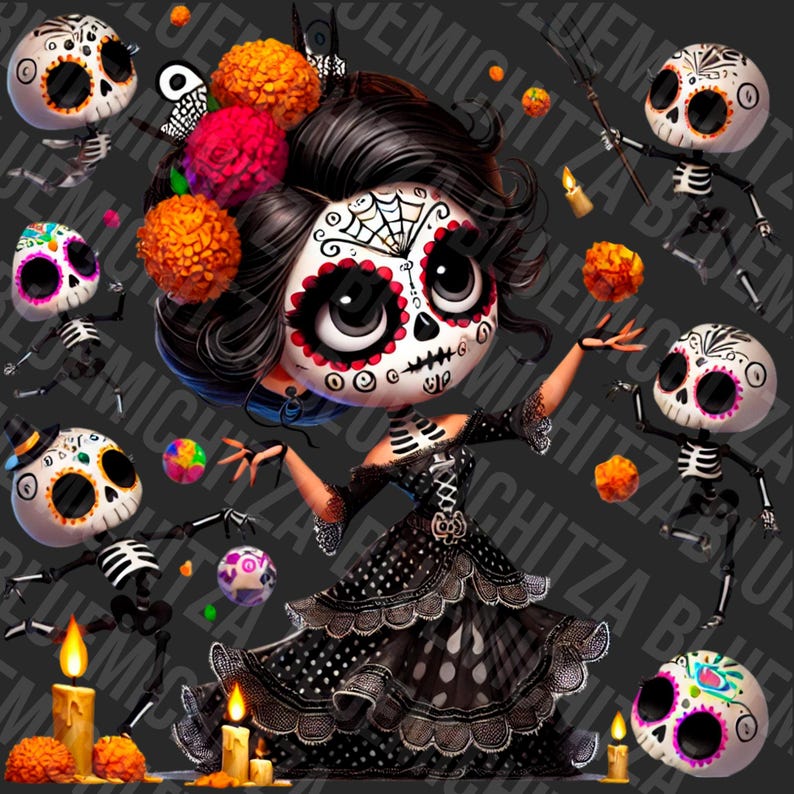 Gothic Doll PNG, mexican doll png, dia de los muertos png, day of the dead clipart, dancing skeletons, cute creepy doll png, baby gothic dol image 2