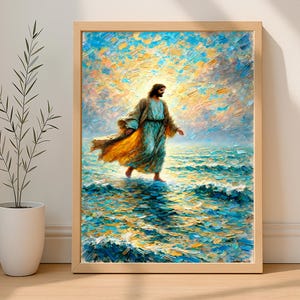 Jesus geht auf dem Wasserdruck, HLT Kunst, Bibelkunst, religiöses Wanddekor, digitales christliches Kunstwerk, Inspirationsdruck, Spaziergang auf dem Wasser