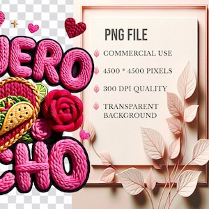 Puede incluir: Gr&aacute;fico digital rosa con las palabras "HERO" y "HO" en fuente texturizada. La imagen incluye un taco decorativo, una rosa y corazones. Tambi&eacute;n est&aacute; presente el texto "PNG FILE" y los detalles del archivo.