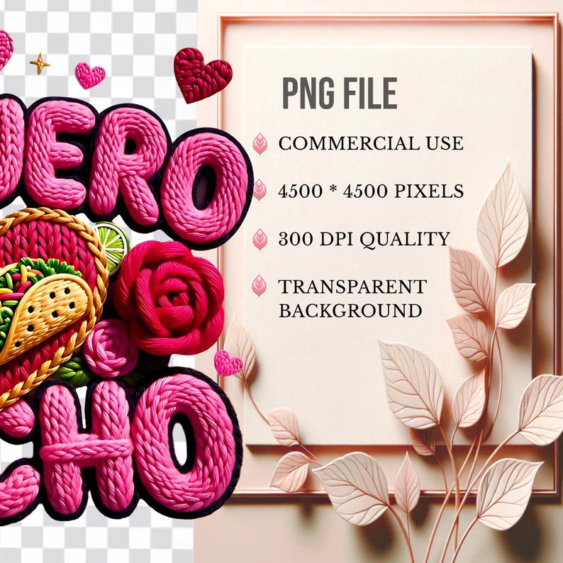 Puede incluir: Gr&aacute;fico digital rosa con las palabras "HERO" y "HO" en fuente texturizada. La imagen incluye un taco decorativo, una rosa y corazones. Tambi&eacute;n est&aacute; presente el texto "PNG FILE" y los detalles del archivo.