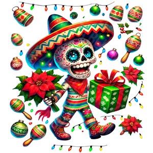 Weihnachtsdesigns PNG, süßer Weihnachtscharakter PNG, Festliches mexikanisches Skelett PNG, Sublimation, Weihnachtsdekoration, Tag der Toten, dtf