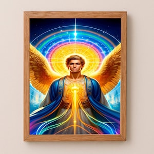 Puede incluir: Una pintura digital de un ángel con alas doradas y una túnica azul. El ángel está rodeado de un arcoíris de luz y estrellas. El ángel tiene un halo dorado y mira directamente al espectador.