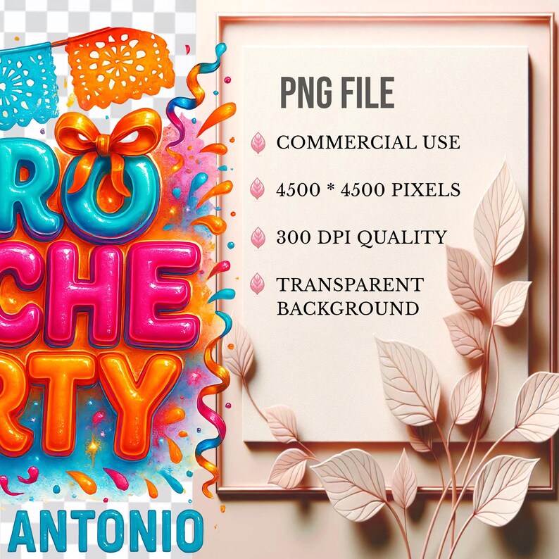 May include: A colorful illustration of the words "ROCHE PARTY" in a 3D, bubble-like font. The letters are decorated with confetti, streamers, and a bow. The background is transparent. The text "ANTONIO" is at the bottom of the image.