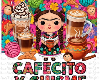 Cafecito y Chisme coffee cups png latina doll sublimation design Mexico png coffee png design halloween dia de muertos sublimate download