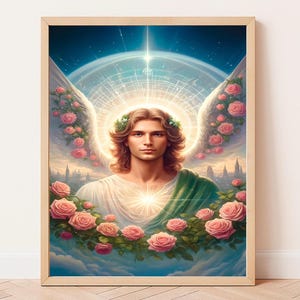 Peut inclure: Une peinture représentant un ange aux cheveux longs et flottants et une auréole. L'ange porte une robe verte et est entouré de roses roses. L'arrière-plan est un ciel bleu avec des nuages.